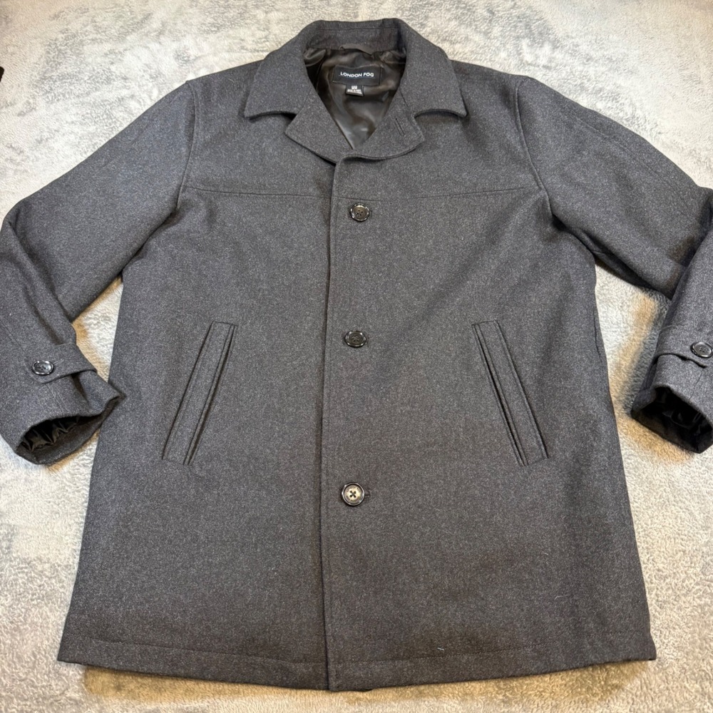 London Fog Mens Wool Blend Car Coat Charcoal Gray Button Front Jacket